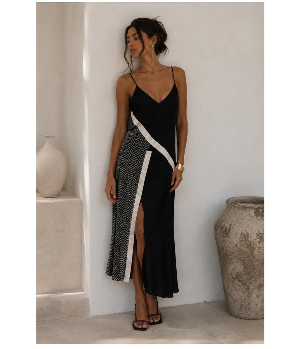 Adeam Black White Undone Sleeveless Maxi Dress Womens 4 Artsy Buttons Satin